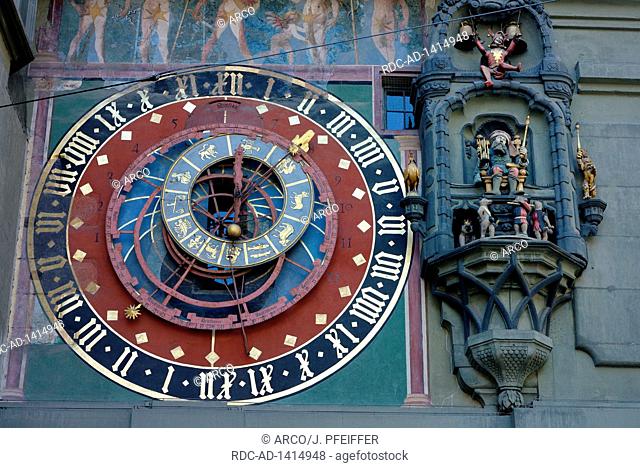 Turmuhr am Zeitglockenturm, Zytglogge, Zytgloggeturm, Astrolabiumsuhr, Berner Altstadt, Bern, Kanton Bern, Schweiz, Europa