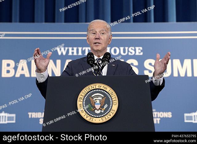 United States President Joe Biden delivers remarks at the White House Tribal Nations Summit at the Department of the Interior in Washington, DC on December 6