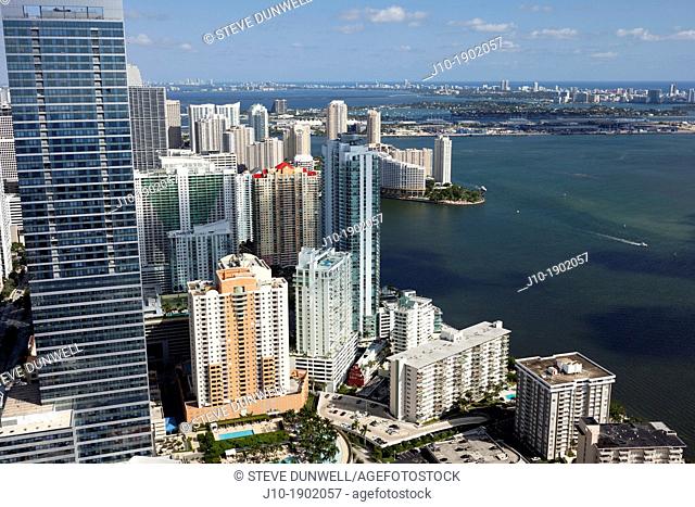 Brickell Avenue, aerial view looking north; Millenium-Four Season tower on the left, Miami, Florida, USA