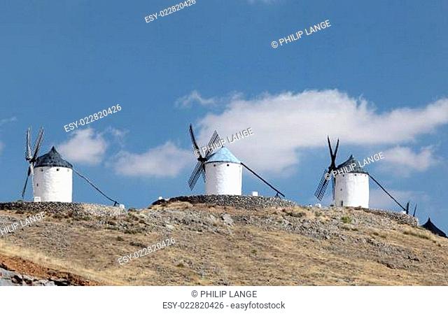 Three traditional spanish windmills near Consuegra, Castilla-La Mancha, Spain