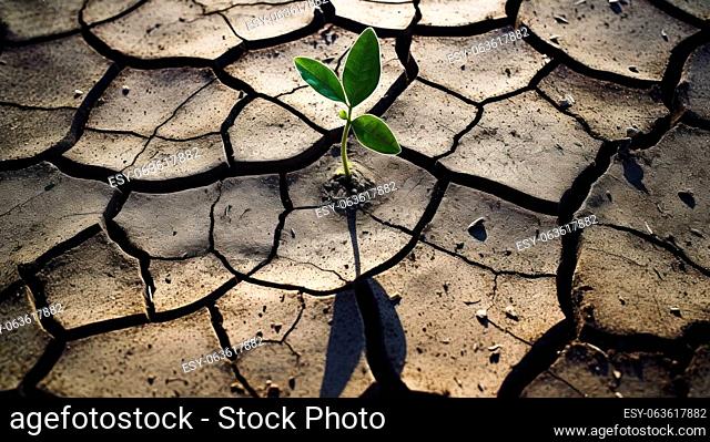 This captivating photograph captures a close-up view of a young plant nestled amidst the intricate network of dry cracks in a fine-grained soil