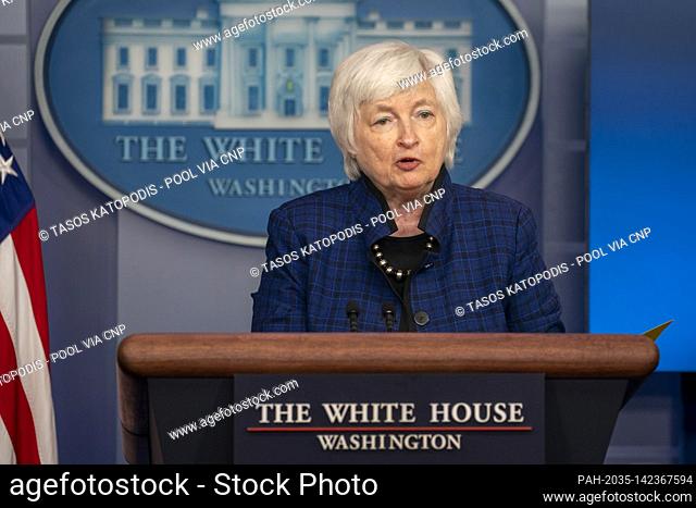 United States Secretary of the Treasury Janet Yellen speaks to reporters at White House in Washington, DC on Friday, May 7, 2021