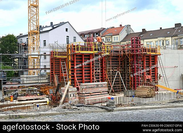 PRODUCTION - 27 June 2023, Hesse, Kassel: View of the construction site for the new building of the Wallpaper Museum, which will celebrate its groundbreaking on...