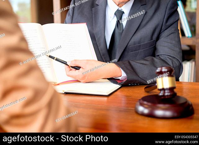 lawyer in office. Counseling and giving advice about legal legislation in courtroom to help customer, tribunal and justice concept
