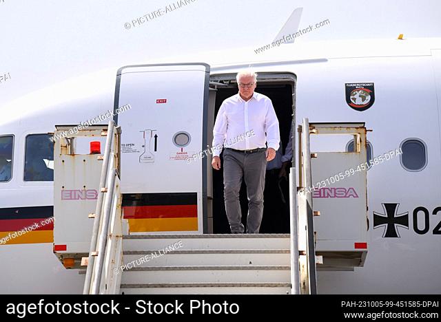 05 October 2023, Cape Verde, Mindelo: German President Frank-Walter Steinmeier arrives at Cesária Evora Airport in Mindelo