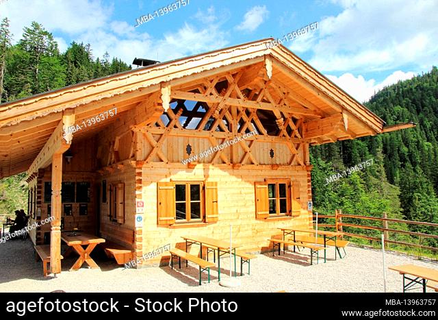 Finzbachalm, seating, wooden hut, Krün, Isar Valley, Werdenfelser Land, Upper Bavaria, Bavaria, Germany