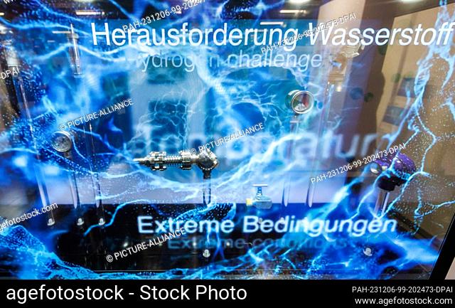 06 December 2023, Bavaria, Nuremberg: ""The Hydrogen Challenge"" is written on a screen at the stand of the German manufacturer of pressure and temperature...