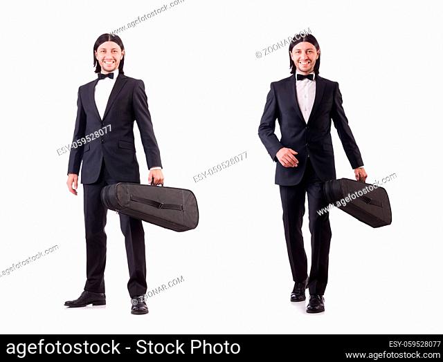 Man with violin case isolated on white
