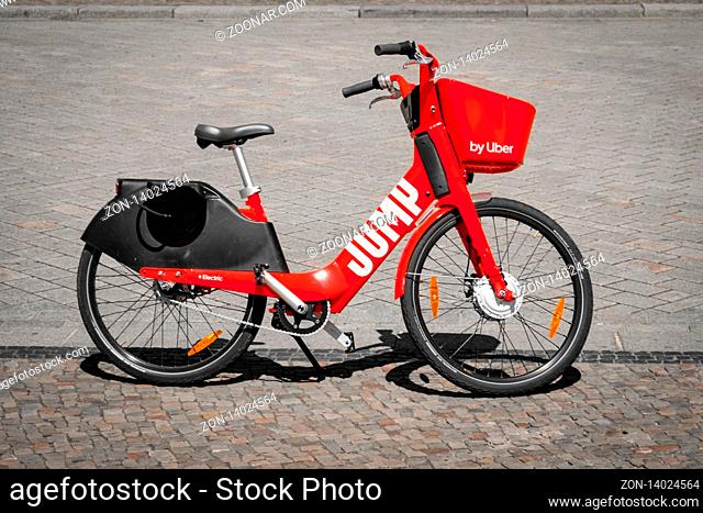 Berlin, Germany - June, 2019: Electric Bike or E-bike by JUMP , the bicycle service of UBER