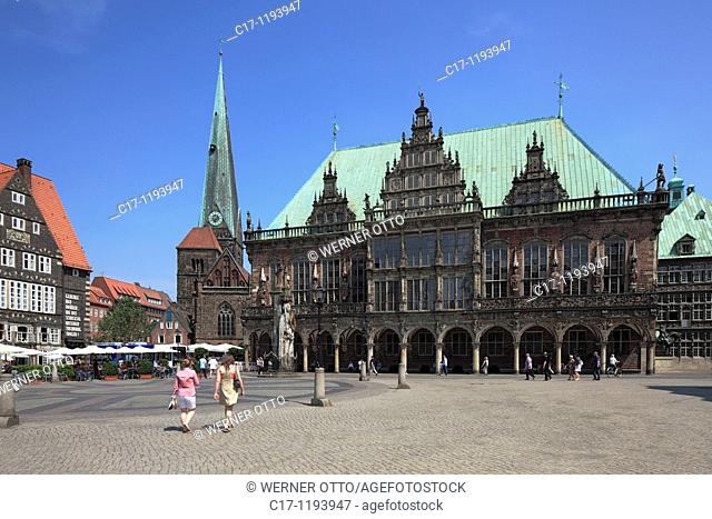 Germany, Bremen, Weser, Freie Hansestadt Bremen, market place, residential buildings, church Unser Lieben Frauen, Liebfrauen church, Early Gothic, city hall
