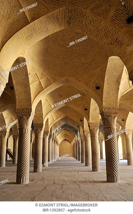 Shabestan Pillars in the prayer hall of Vakil Mosque, Shiraz, Fars, Persia, Iran, Asia