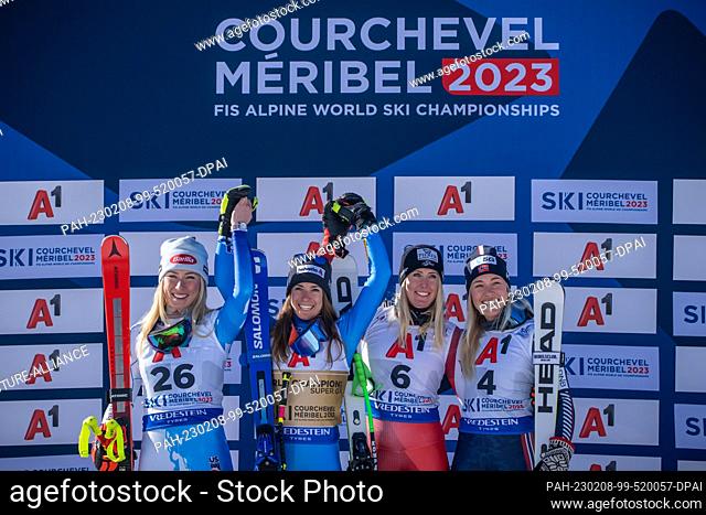 08 February 2023, France, Meribel: Alpine skiing: World Championships, Super G, women: Mikaela Shiffrin, USA, (2nd) (l-r), Marta Bassino, Italy, (1st)