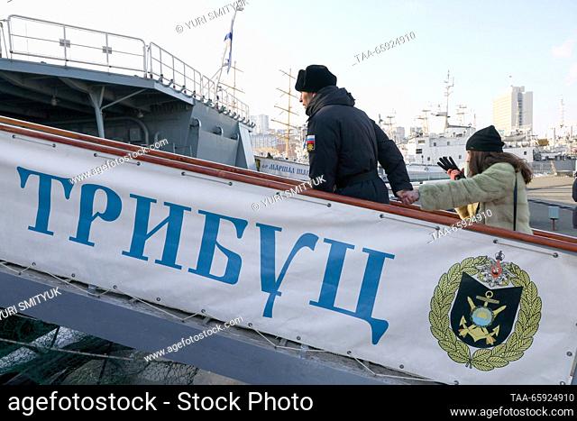 RUSSIA, VLADIVOSTOK - DECEMBER 20, 2023: A Russian serviceman attends a ceremony to welcome the Russian destroyers Admiral Panteleyev and Admiral Tributs