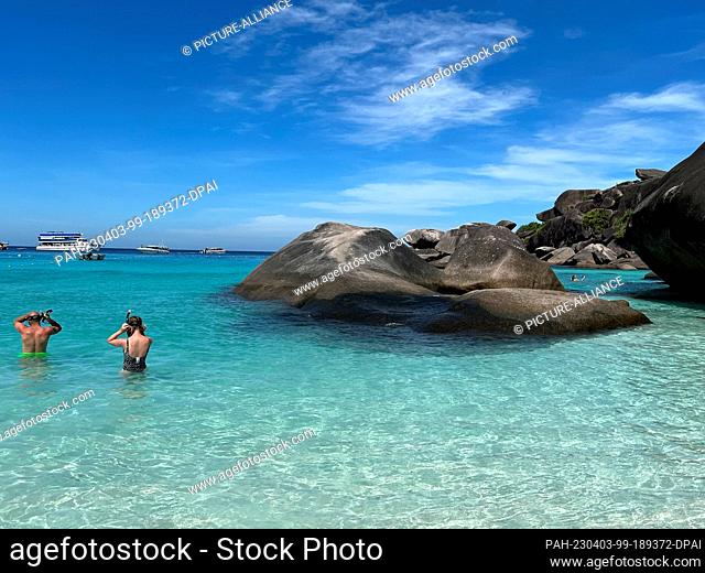 05 February 2023, Thailand, Similan Islands: Snorkelers on the Similan Islands. Thailand would like to have large parts of the Andaman Sea with its dream...