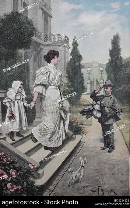 Jugendlicher Händler, Hausierer, für Haushaltswaren und Mausefallen steht vor einem Anwesen und möchte der Hausherrin etwas verkaufen, 1888, Deutschland