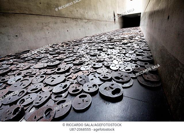 Germany, Berlin, Jewish Museum, by Daniel Libeskind, Memory Void Room, Installation, Shalechet Fallen Leaves by Menashe Kadishman