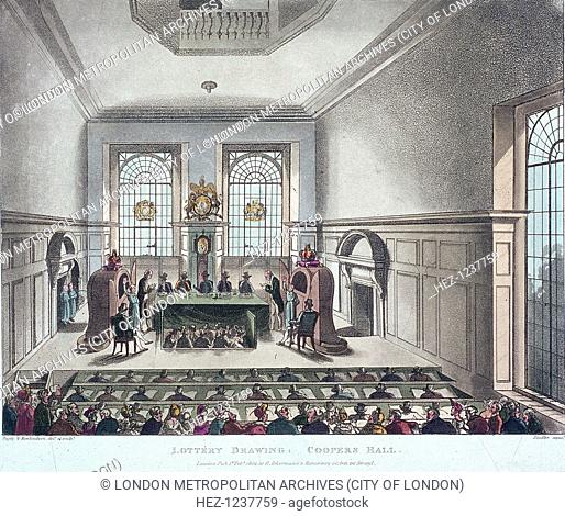 Drawing of the state lottery taking place in Coopers' Hall, London, 1809. Officials sit on the platform, with audience witnessing the draw