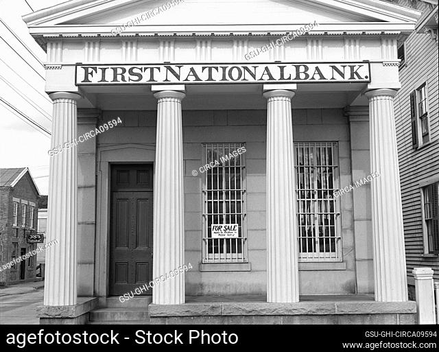 First National Bank with 'For Sale' Sign, Stonington, Connecticut, USA, Jack Delano, U.S. Farm Security Administration, November 1940