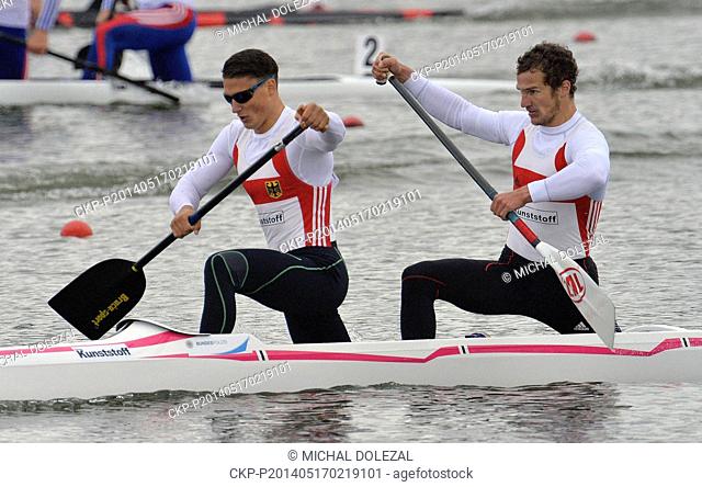 Canoe Sprint World Cup, C2, 1000 meters, Racice, Czech Republic, May 17, 2014. Winners Yul Oeltze (left) and Ronald Verch of Germany