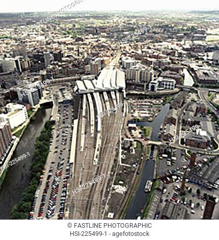 aerial, railway station, Leeds, train station, railways, railway tracks, city