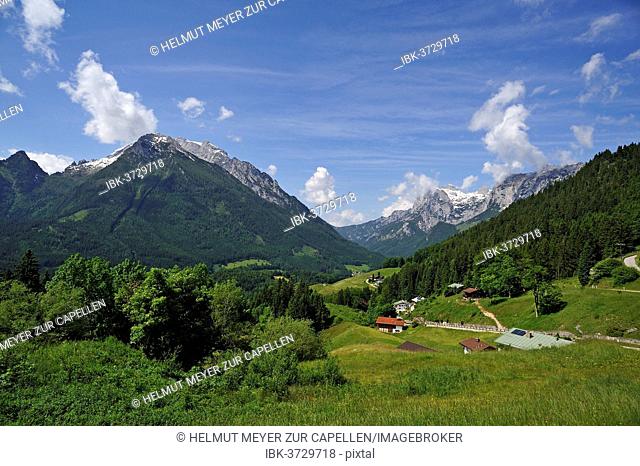 Landscape of Berchtesgadener Land with Hochkalter Mountain, left, and Reiteralpe Mountain, right, Ramsau bei Berchtesgaden, Berchtesgadener Land District