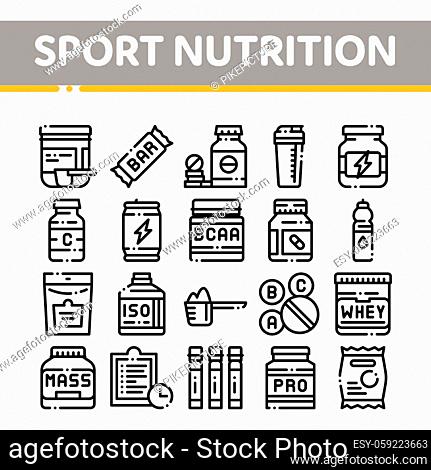 Sport Nutrition Cells Vector Thin Line Icons Set. Sport Nutrition for Sportsmen Linear Pictograms. Dietary Nutrition, Protein Ingredients, Wheys