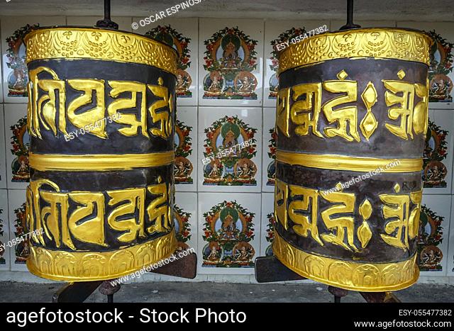 Gangtok, India - October 2020: Prayer wheel at Sera Jey Drophenling Monastery in Gangtok on October 23, 2020 in Gangtok, Sikkim, India