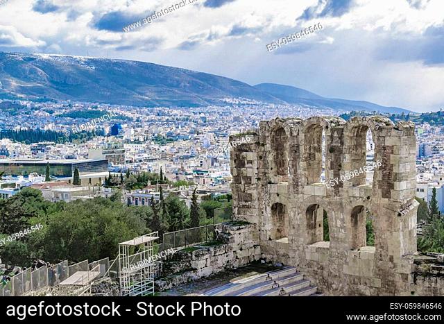 Aerial view from acropolis hill of odeon of herodes atticus, athens, greece