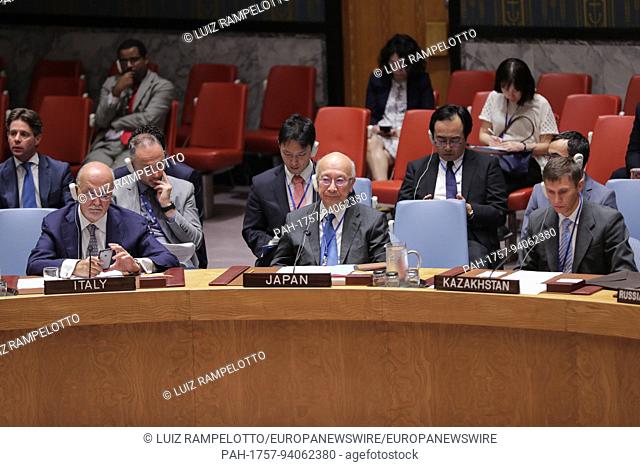 United Nations, New York, USA, August 29 2017 - Koro Bessho, Permanent Representative of Japan to the UN, attend a Security Council Meeting on peace keeping...