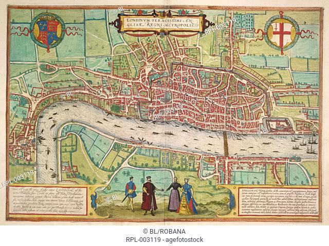 View of the River Thames and the Tower of London. Image taken from Ciuitates orbis terrarum Liber primus. the dedication signed, G Bruin, S
