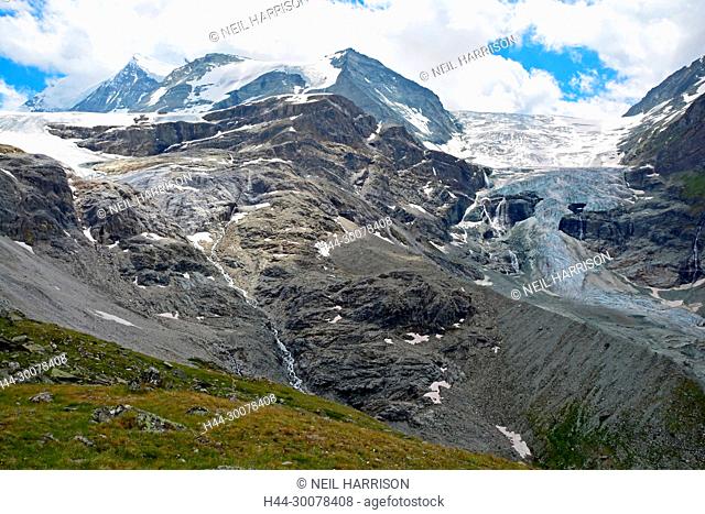 The Turtmann Glacier (centre) between the Bishorn and the Diablons in the Southern Swiss Alps