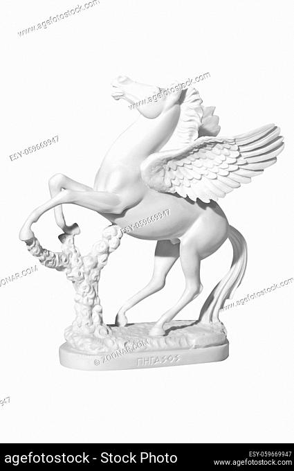 Classic marble statue of a horse with wings on a white background