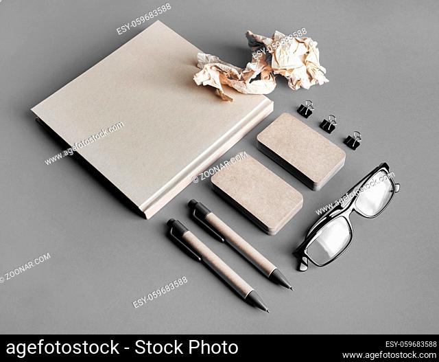 Blank kraft stationery set on gray paper background. ID template. Mockup for branding identity for designers