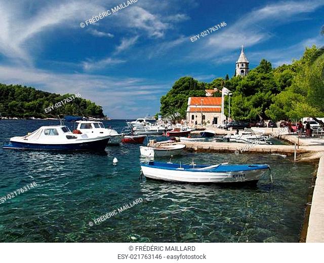 Cavtat, Croatia, august 2013, harbor and monastery of Our Lady of the Snow