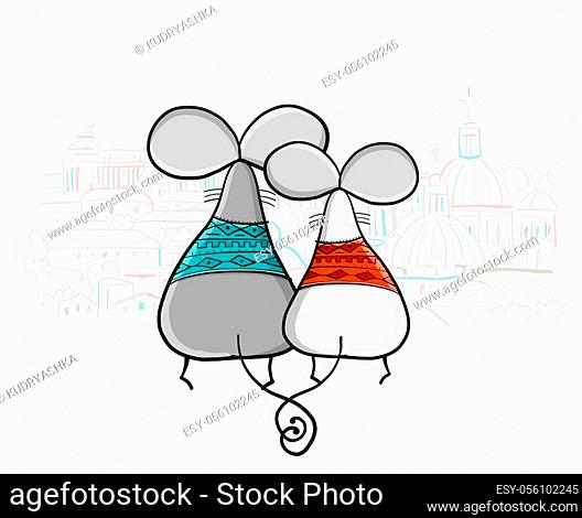 Funny mouses party, cityscape background. Banner for your design. Vector illustration
