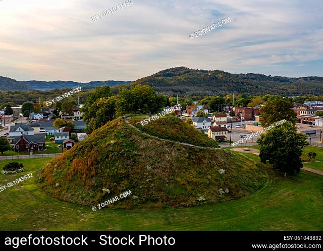 Aerial drone shot of the ancient historic native American burial mound in Moundsville, WV