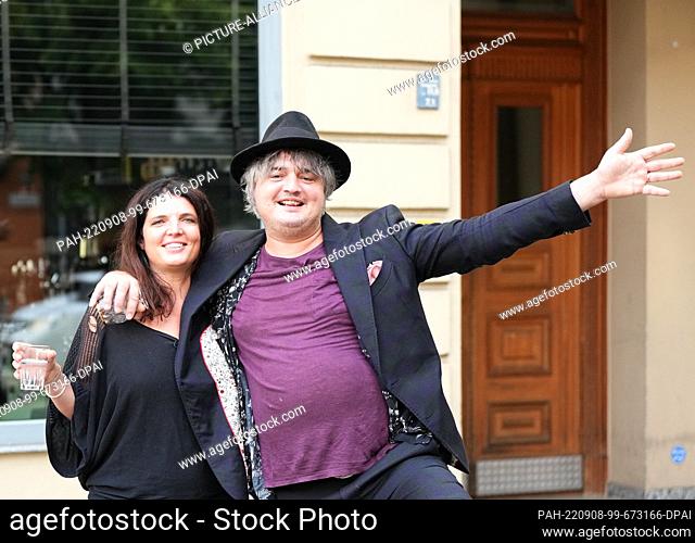 07 September 2022, Berlin: British musician Peter Doherty and his wife Katia de Vidas stand on the sidewalk of Torstraße during a press appointment for his...