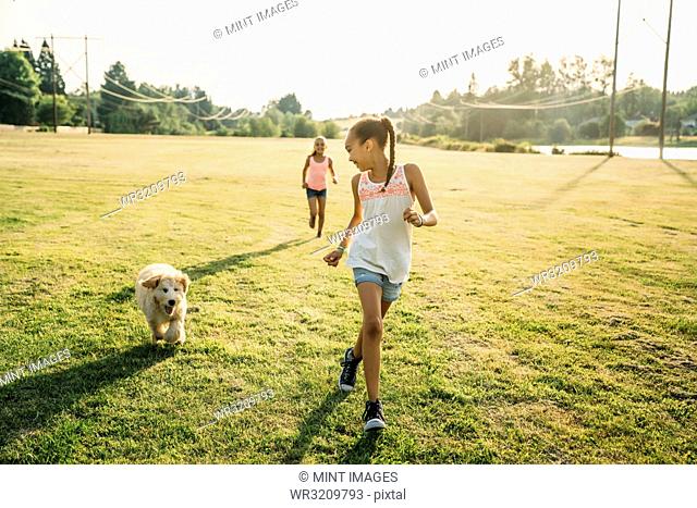Girls running through field with labradoodle puppy