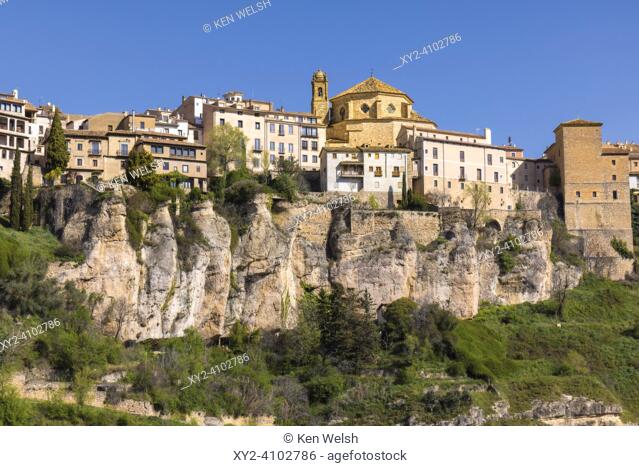 Cuenca, Cuenca Province, Castile-La Mancha, Spain. The old town seen across the Huecar gorge. The church is the Iglesia de San Pedro, or St Peter's church