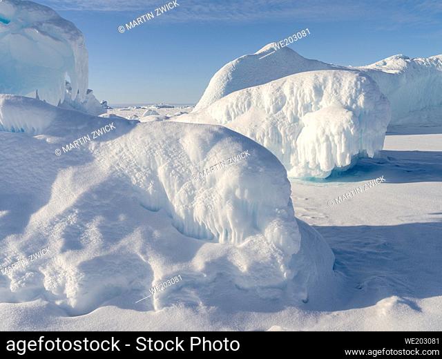 Icebergs frozen into the sea ice of the Uummannaq fjord system during winter in the the north west of Greenland, far beyond the polar circle