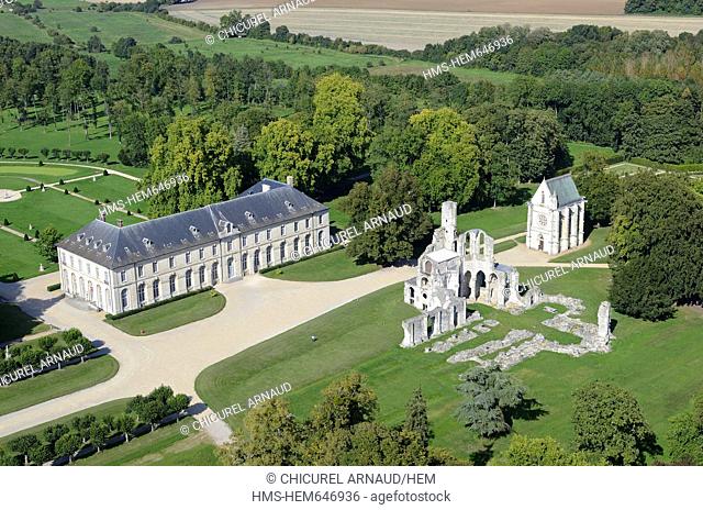 France, Oise, Fontaine Chaalis, the cistercian abbaye of Chaalis and its medieval ruins belonging to Jacquemart Andre museum aerial view