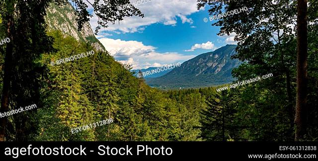 A panorama picture of the Lake Bohinj Valley as seen from Savica Waterfall