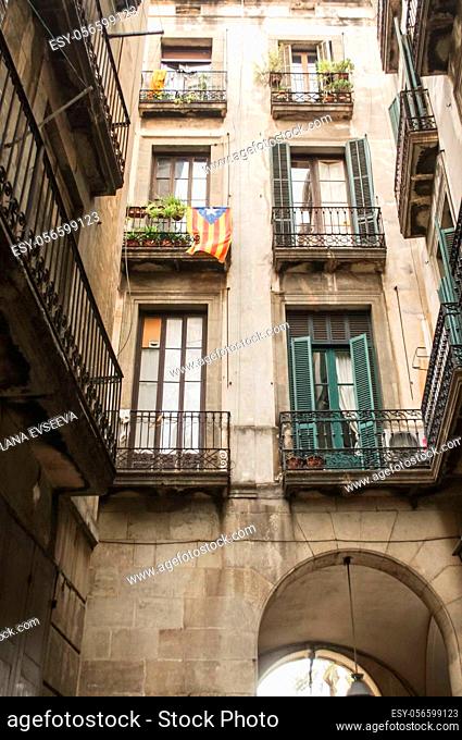 House in Barcelona city with a lot of flags of independent Catalonia