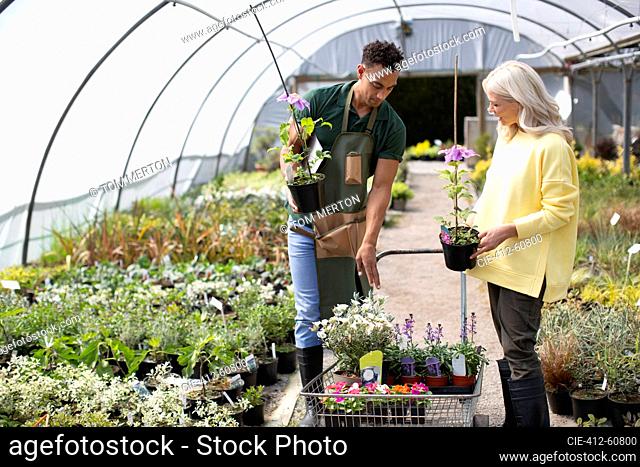 Garden shop worker helping customer with potted flowers in greenhouse