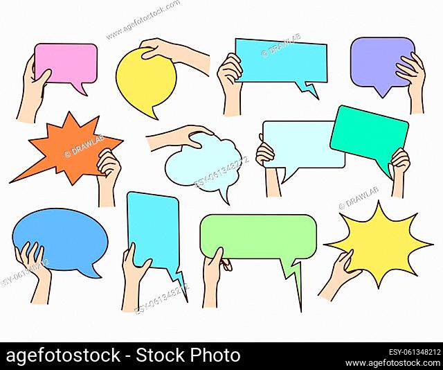 Collection of people hands holding diverse forms speech bubbles for advertising. Set of human with talk balloons for ads. Mockup and copy space