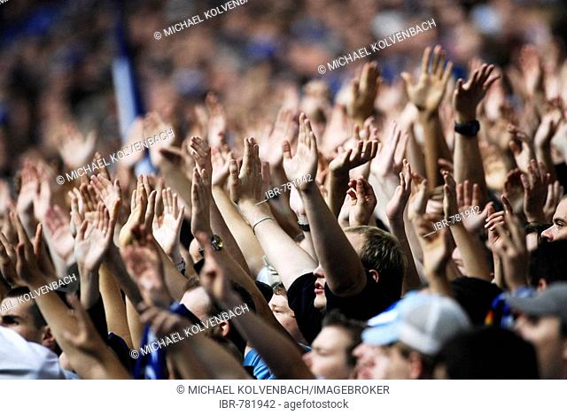 German soccer fans, football supporters of FC Schalke 04 raising their hands in support of their team, Gelsenkirchen, North Rhine-Westphalia, Germany
