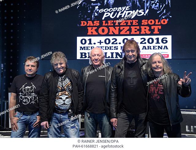 Members of the bands Puhdys: bass guitarist Peter Rasym (l-r), singer und guitarist Dieter Hertrampf, singer and frontman Dieter Birr