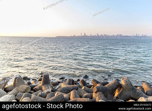 India, Maharashtra, Mumbai, Marine Drive, Skyline, Coastal Protection
