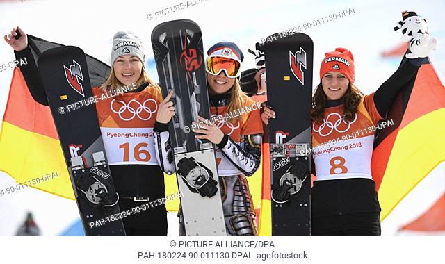 Czech snowboarder Ester Ledecka (c) wins gold, Germany's Selina Joerg (l) wins silver and Germany's Ramona Theresia Hofmeister (r) wins bronze at the women's...