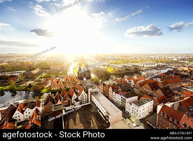 View of Lbeck and the Holstentor at sunset, Schleswig-Holstein, Germany